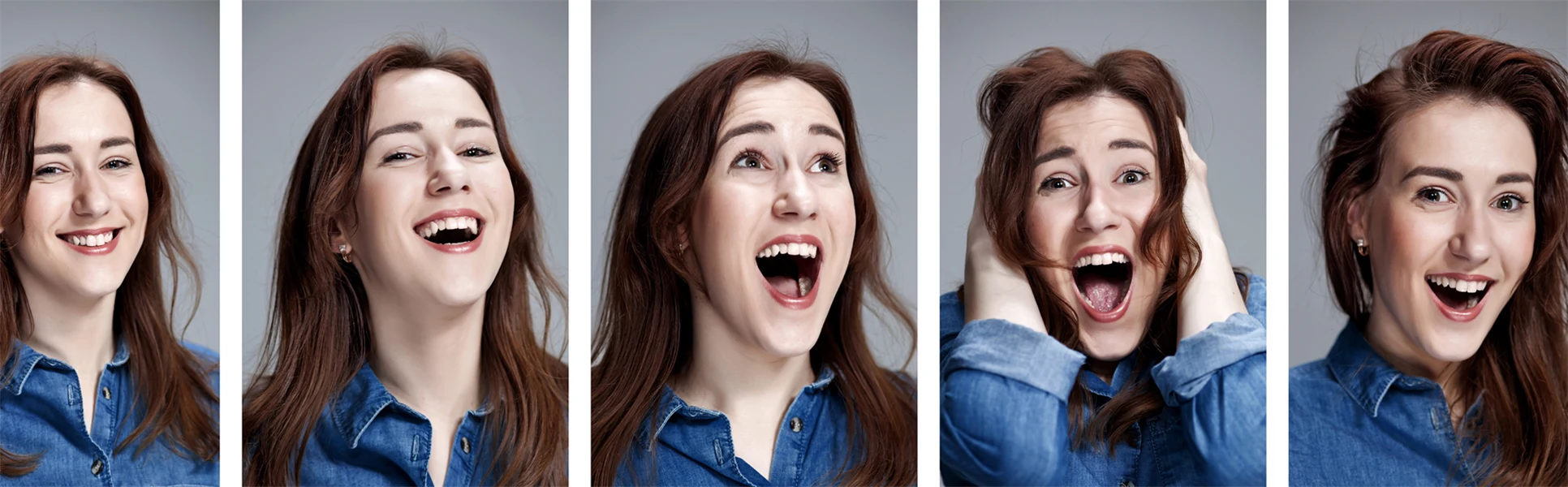 Set of young womans portraits with different happy emotions.