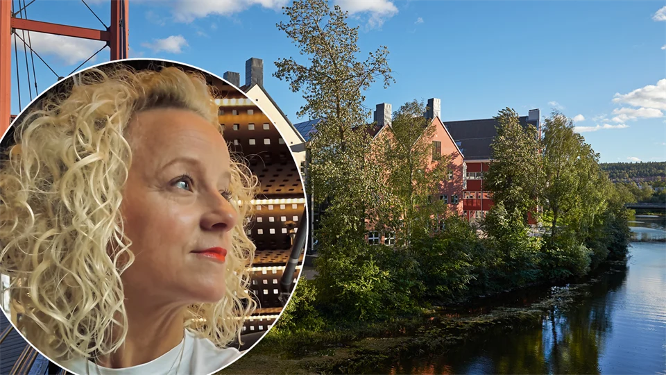 ett porträtt av en kvinna samt en bakgrund med hus och vatten