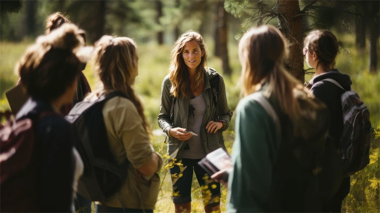 En grupp turister i ett skogsområde. Alla bär ryggsäckar och är klädda i friluftskläder. 