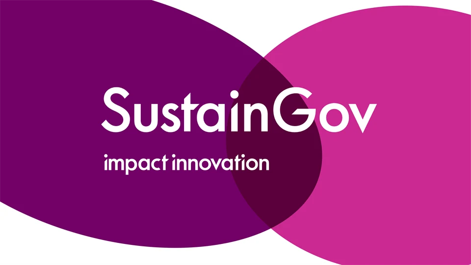 Purple and pink round shapes with the text SustainGov impact innovation.