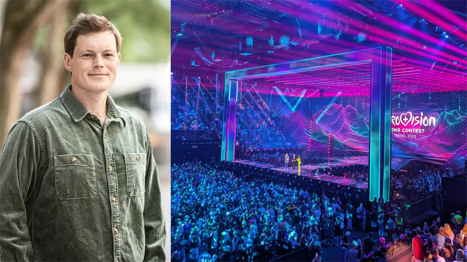 Kollage föreställande man i grön skjorta till vänster och en stor scen med stor publik och Eurovisions logga i bakgrunden och rosa-lila ljus runt omkring.