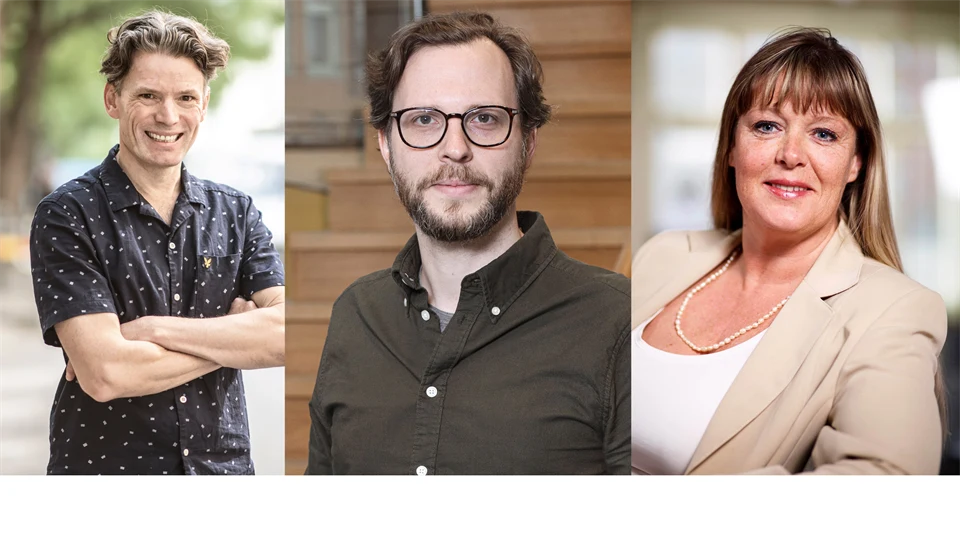 ett collage av porträtt på två män och en kvinna