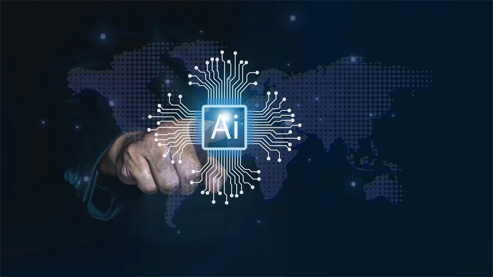 A hand pointing to the text ‘AI’ written in a light blue square with several light rays in white extending outwards from the sides of the square.  