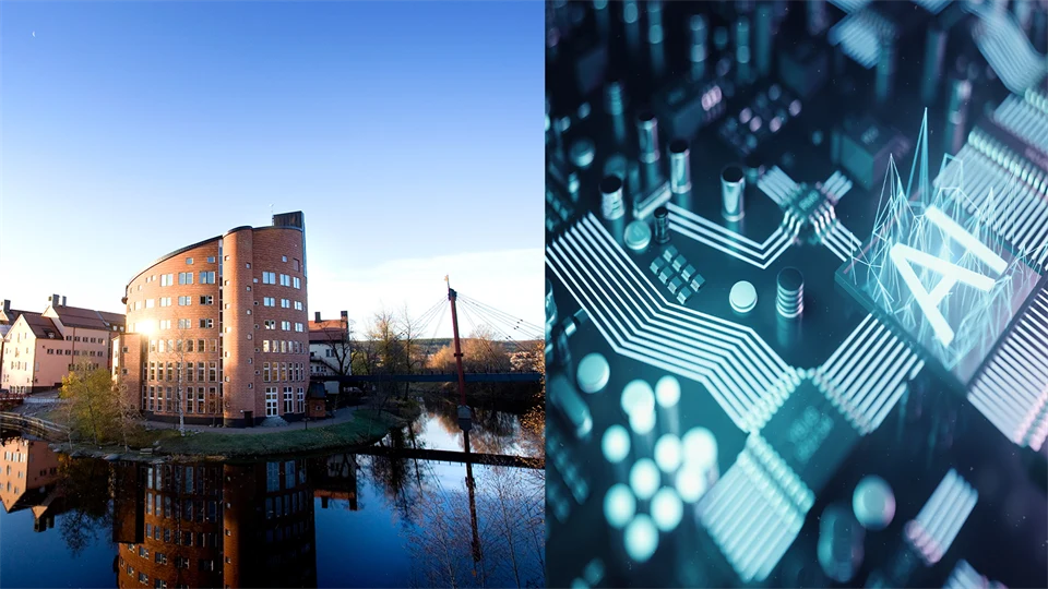 Ett montage med campus och en bild där det står AI
