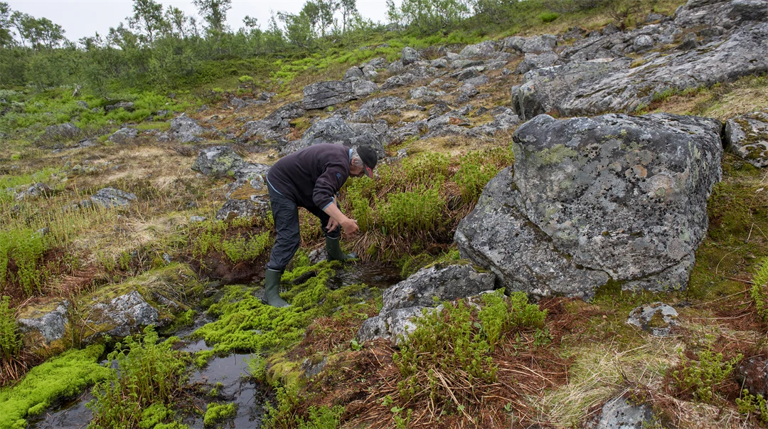 En man hämtar färskvatten i en kallkälla. 