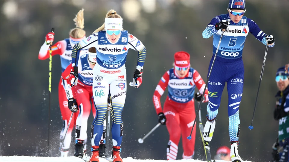 Four cross-country skiers in their racing outfits on snow-covered ski tracks.