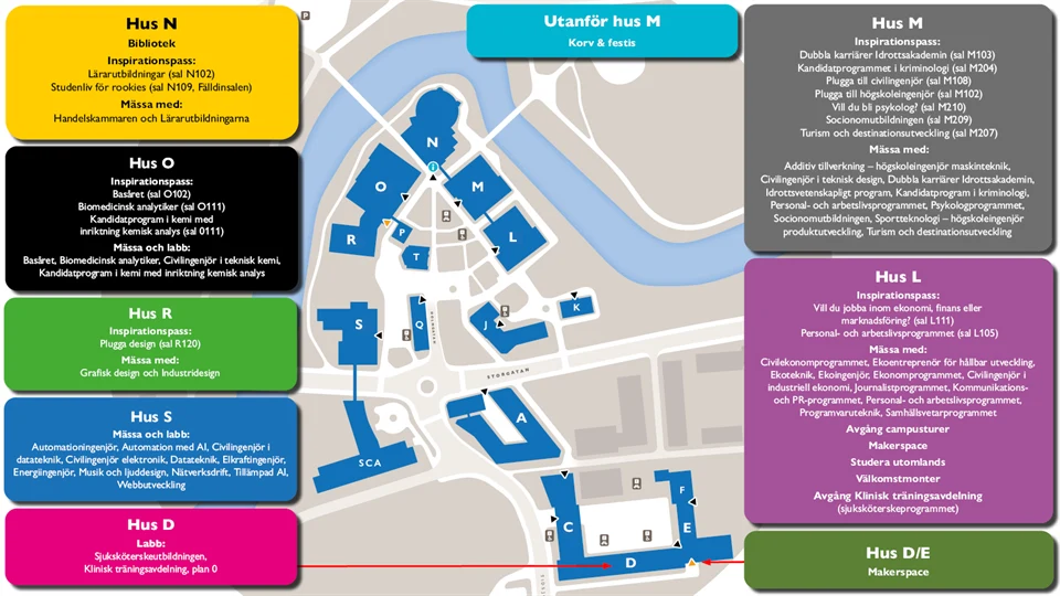 karta över campus i Sundsvall för Öppet hus