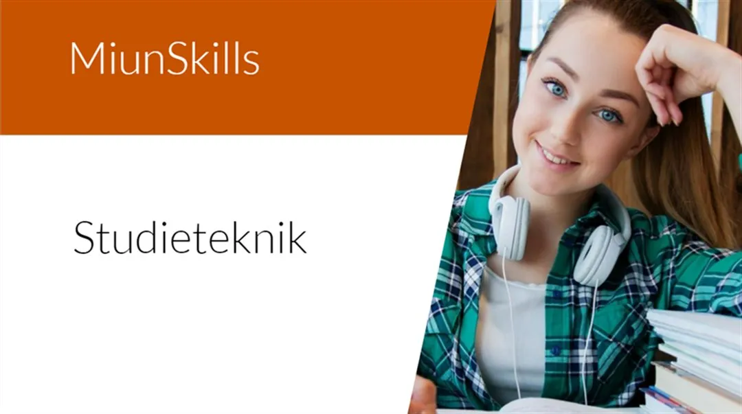 Text MiunSkills studieteknik och Bild på en kvinna som studerar
