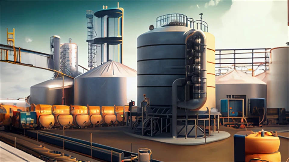 AI-genererad bild som visar olika typer av silos i metall.