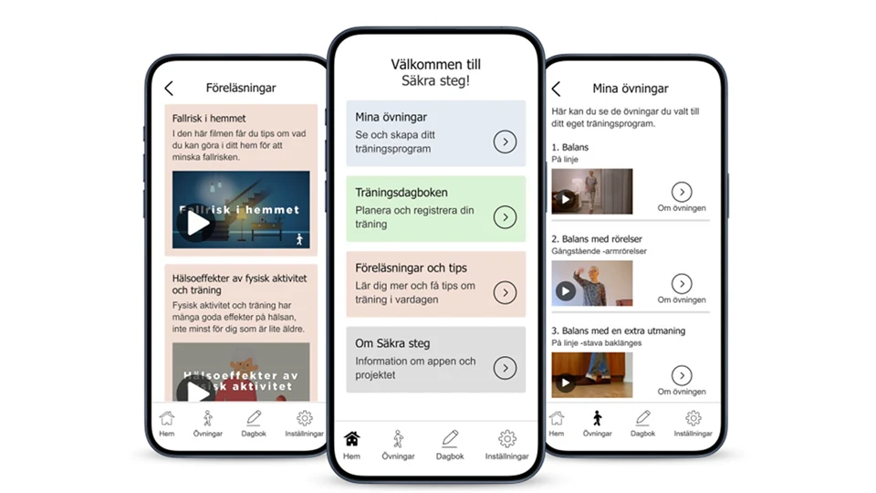 Tre mobilskärmar som visar hur appen Säkra Steg ser ut