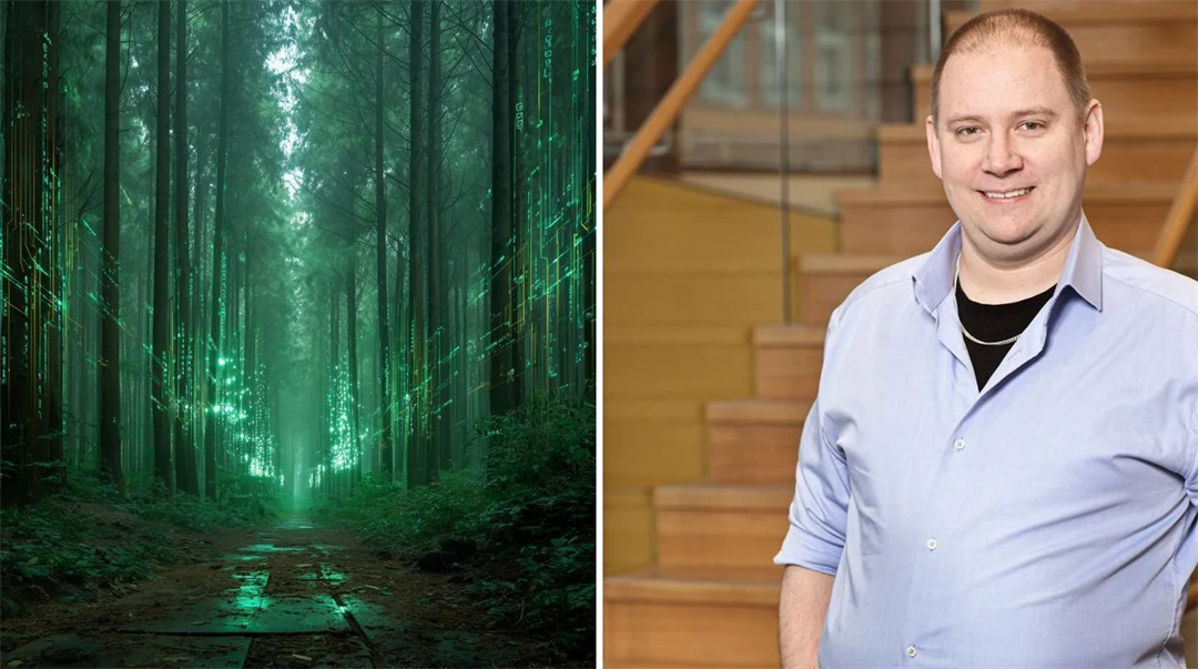 En tvådelad bild med en grön skog och en man med ljusblå skjorta