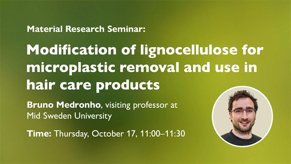  Det är en grön bakgrund där det ligger vit text. Det står: Material Research Seminar: Modification of lignocellulose for microplastic removal and use in hair care products. Det är också porträttfoto på forskaren som är en man med glasögon.