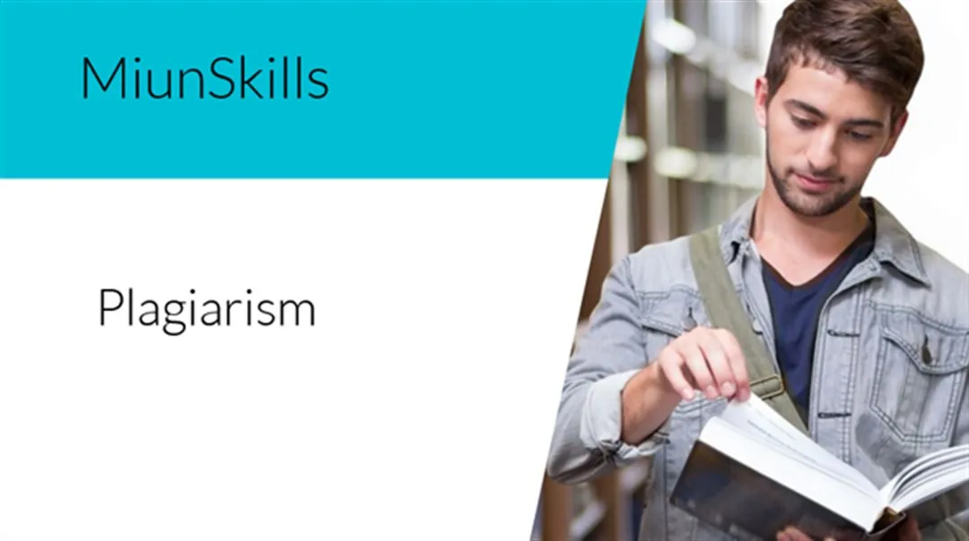 Text MiunSkills plagiarism and image of a man flipping through a book