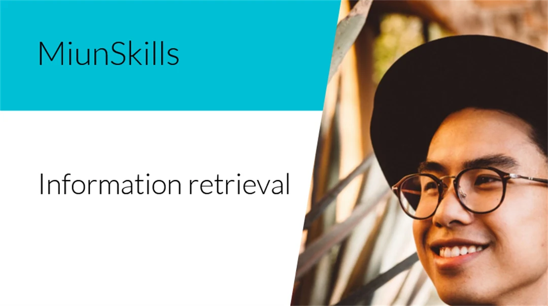 Text MiunSkills information retrieval and image of a man with a hat and glasses