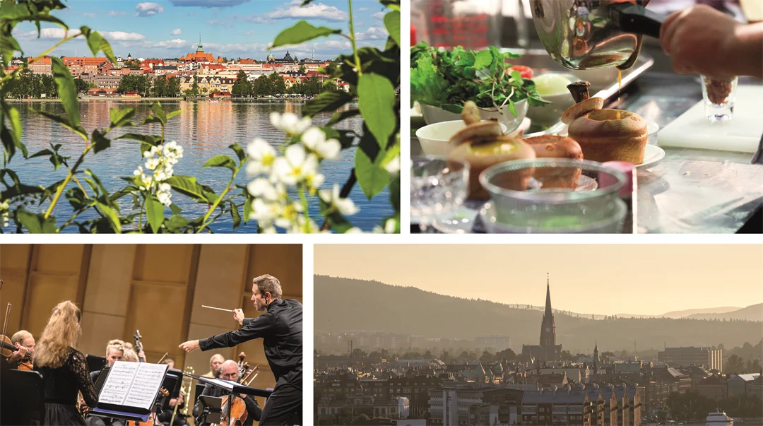 Fyra bilder i ett kollage. En bild visar Östersunds centrum. En annan bild visar Sundsvalls stad. En bild visar vackert presenterad mat. Den sista bilden visar en orkester som dirigeras av en dirigent. 