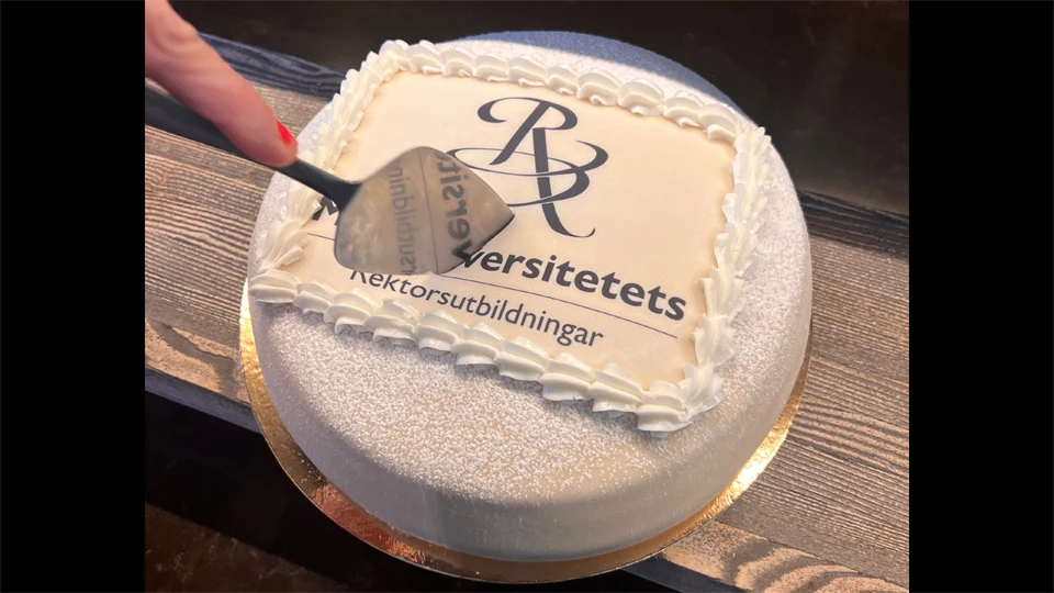 En vit marsipantårta med texten Mittuniversitetets rektorsutbildningar och en hand som håller i en tårtspade och precis ska skära i tårtan.