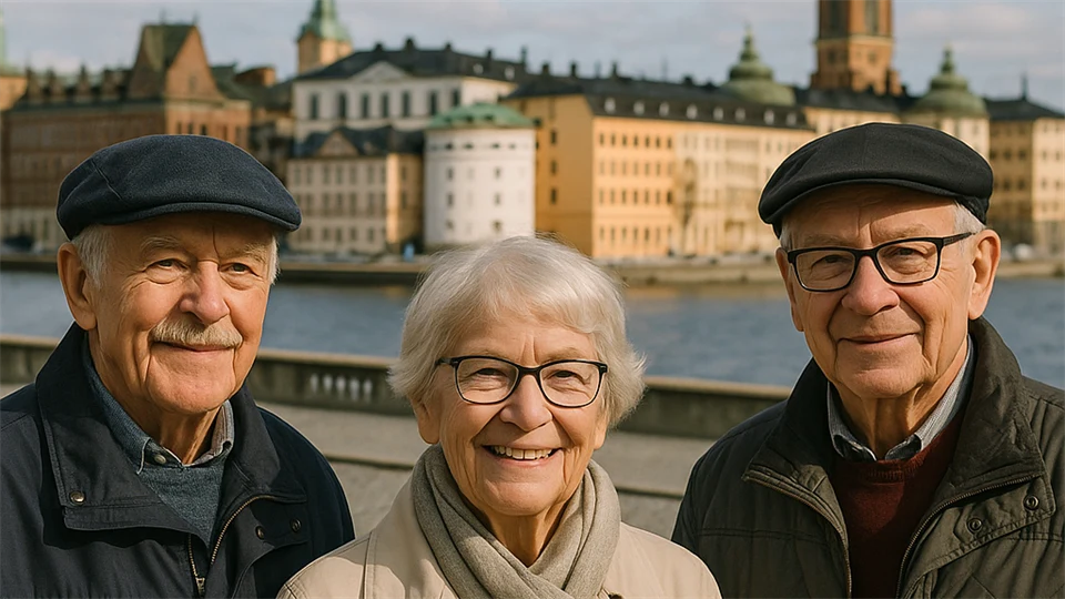 Tre äldre personer  - två män och en kvinna - utomhus i Stockholm.