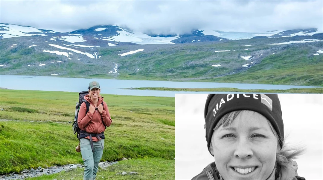 En kvinna står i ett fjällandskap, infällt en bild på kvinnans ansiet