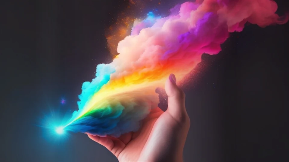 Abstrakt bild med en hand som håller ett regbågsfärgad rök.