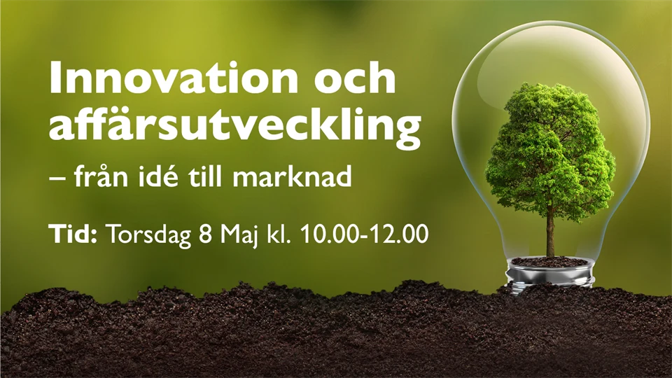 Text in Swedish meaning "Innovation and Business Development – From Idea to Market." Time: Thursday, May 8, 10:00–12:00. The text is placed on an image featuring a large light bulb containing a leafy tree.