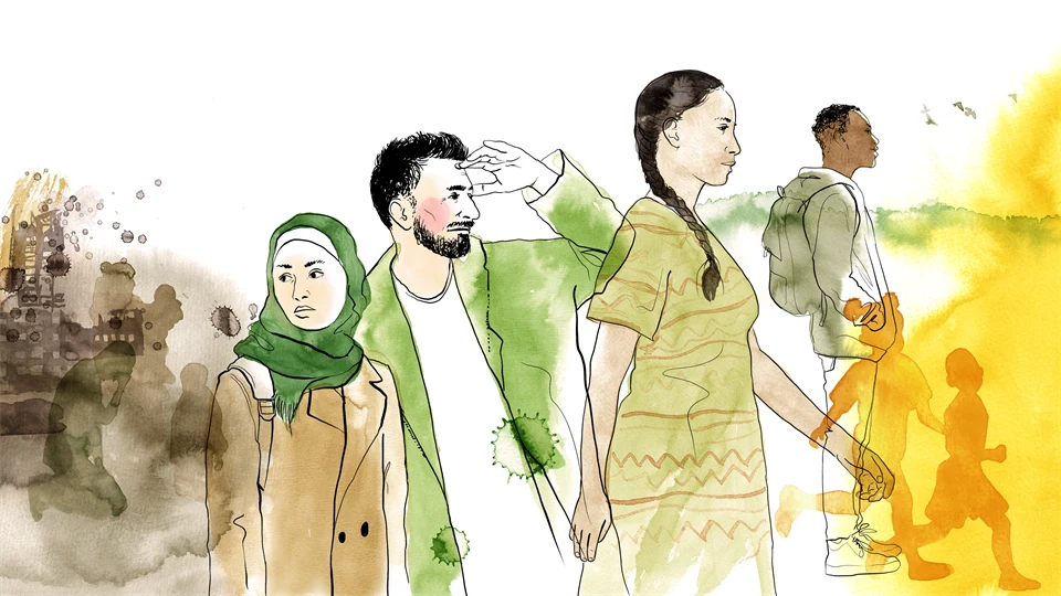Illustration av människor på flykt.