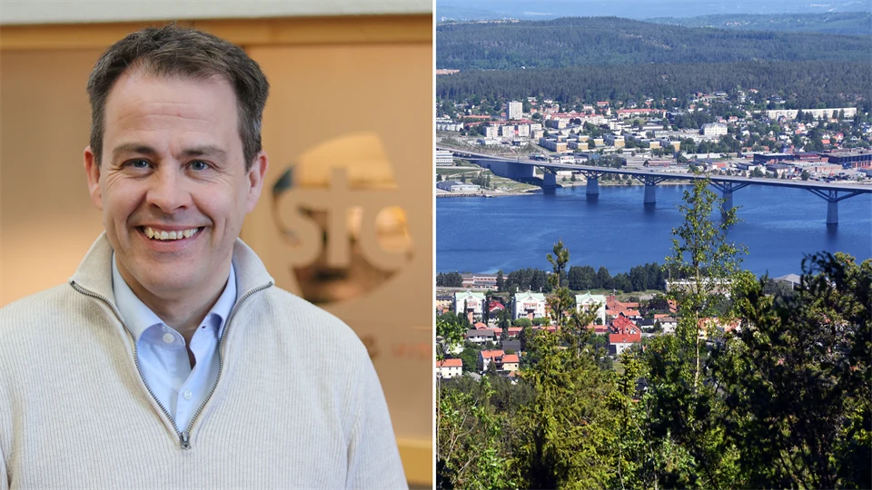 Bildkollage: ett porträtt av en leende man samt en utsiktsbild över sundsvallsbron