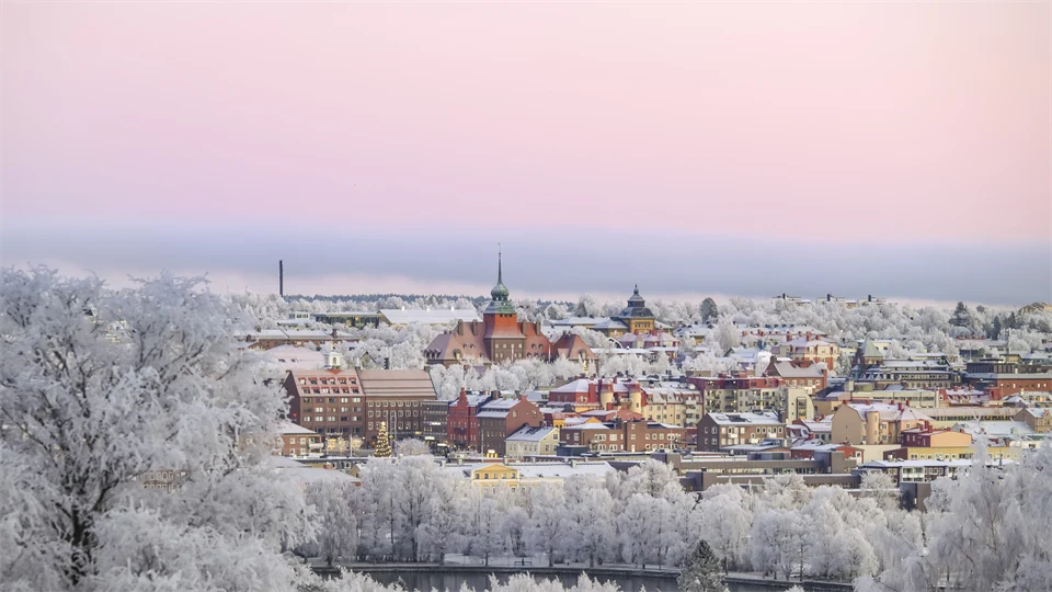Vy över Östersunds stad i vinterskrud. 