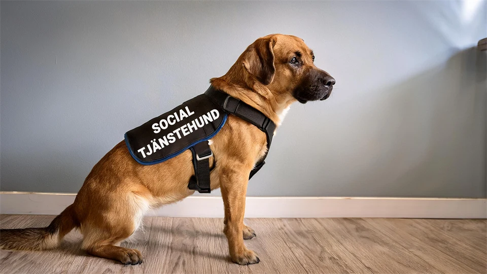 AI-genererad bild av hund inomhus med sele som har texten -Resurshund- på sidan
