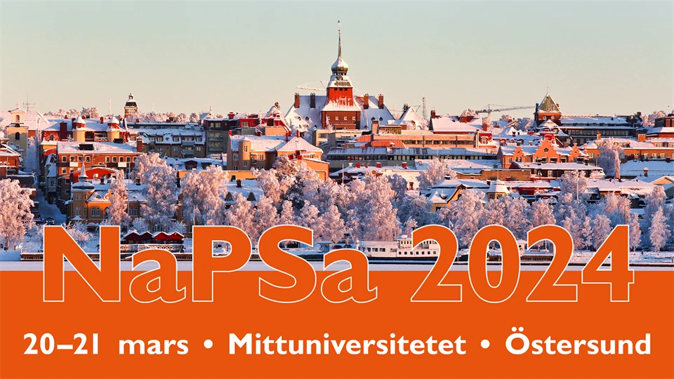 Östersundsvy med konferensnamnet NaPSA 2024 och text: 20–21 mars, Mittuniversitetet Östersund.