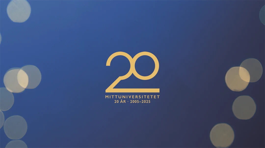 Dark blue background with gilded glitter and the text Mid Sweden University 20 years 2005-2025.