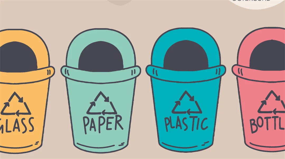 Olika kärl för källsortering såsom plast med mera.