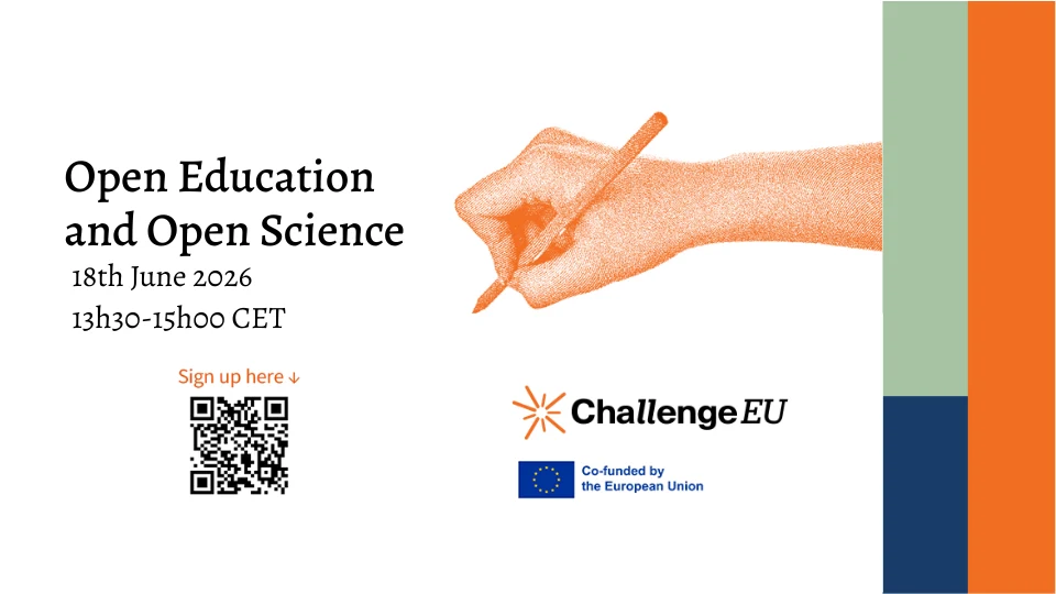 Grafik över inbjudan till ett ChallengeEU evenemang Open Education and Open Science