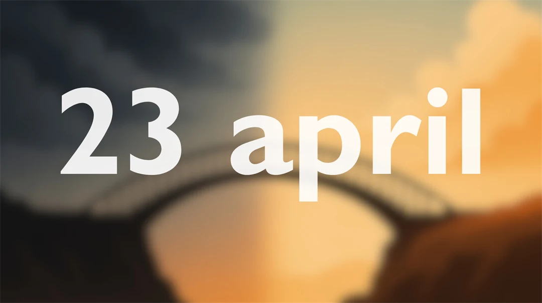 Illustration av en bro mellan två klippor, med en himmel som skiftar från mörkt till ljust. Ovanpå bilden står texten ‘23 april’ i stora vita bokstäver.