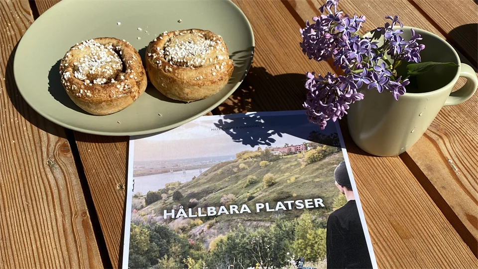 Boken "Hållbara platser" ligger på ett träbord bredvid ett fat med kanelbullar och en syrenkvist i en mugg.