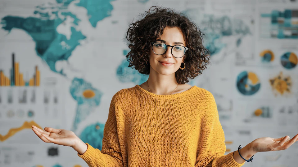 Woman in yellow sweater standing in front of a wall with a map of the world.