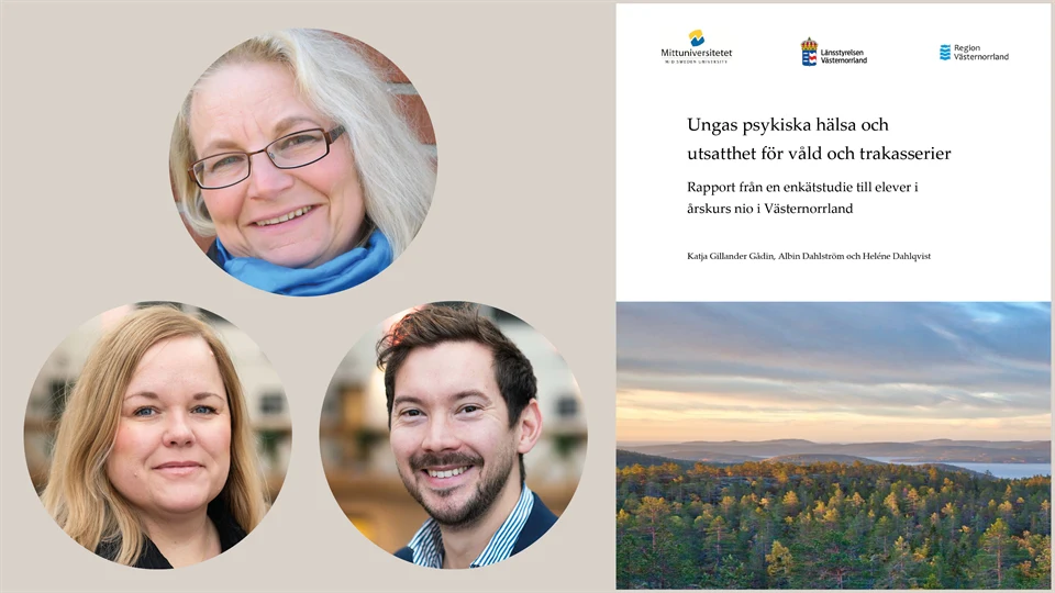 Kollage med tre runda porträttbilder med två kvinnor och en man bredvid en framsida av en tryckt rapport.