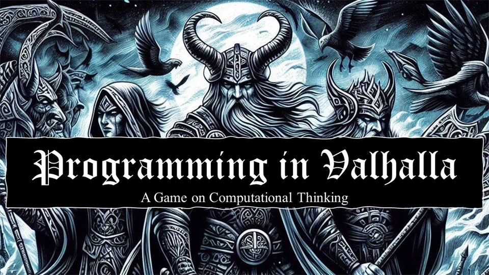 Main menu screen of the game Programming in Valhalla depicting Norse gods with the game's title displayed over the image.