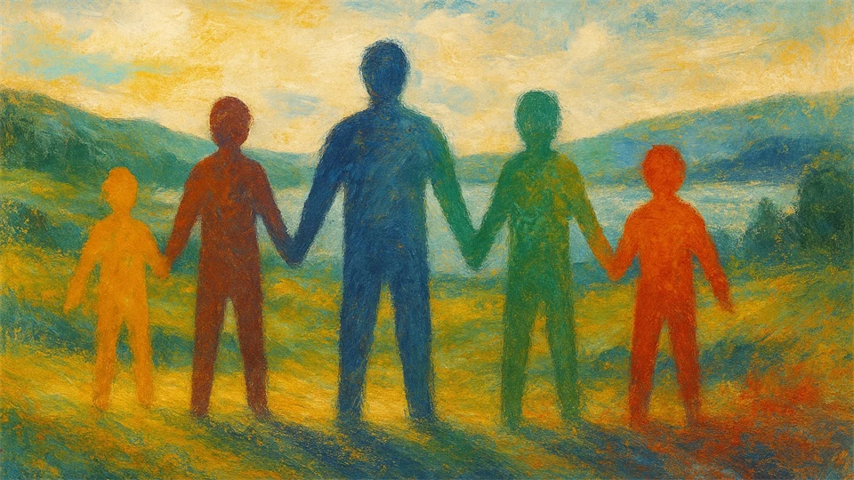 Fem färgade silhuetter håller varandra i handen i ett landskap med kullar och sjö i bakgrunden.