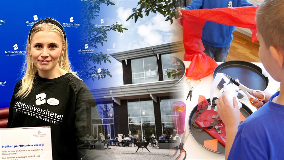 Collage featuring the exterior of Mid Sweden University, a young woman wearing a Mid Sweden University sweatshirt and a child playing with paper and scissors.