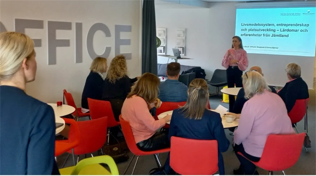 About ten people are sitting in a room with white walls and red chairs, and at the front of the room a woman is presenting on a screen.
