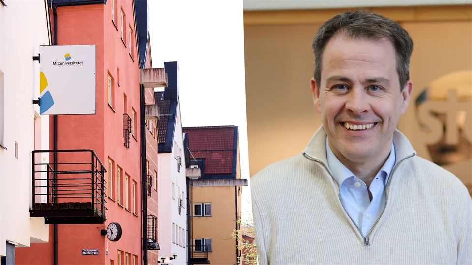Photo collage with one image of buildings and a facade sign with the text Mittuniversitetet and one portrait of a man smiling.