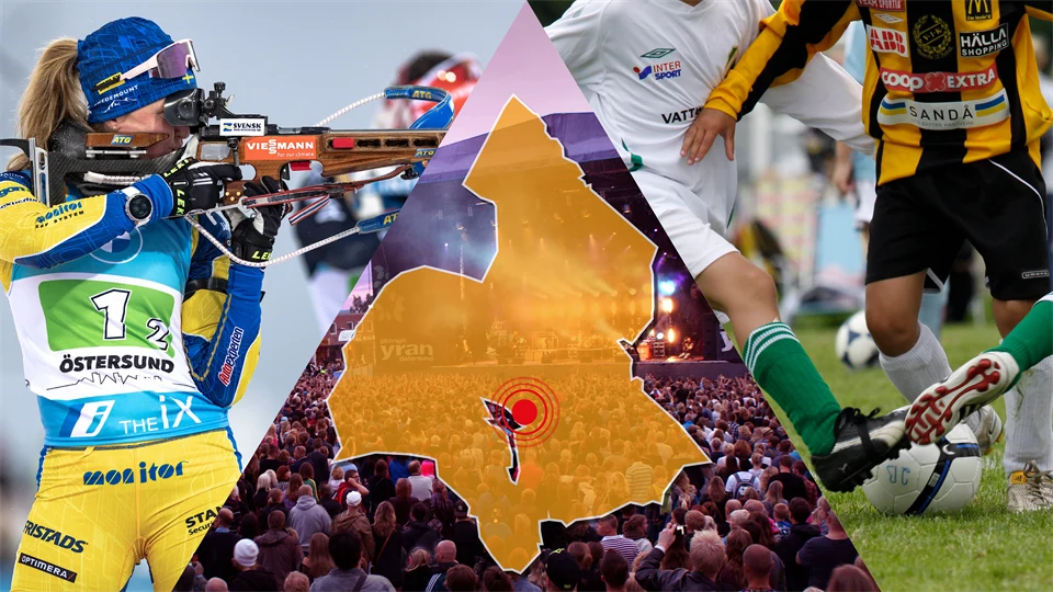 Photomontage with a biathlete, a concert with an audience, three football players in a close fight and a map of Jämtland with Östersund highlighted.