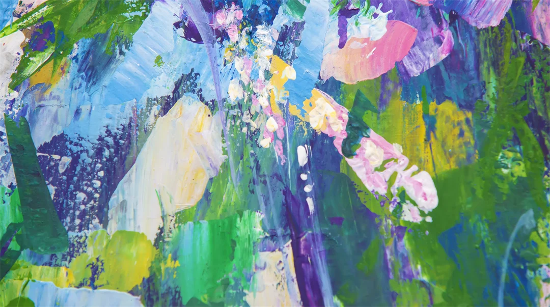 En abstrakt oljemålning i glada färger