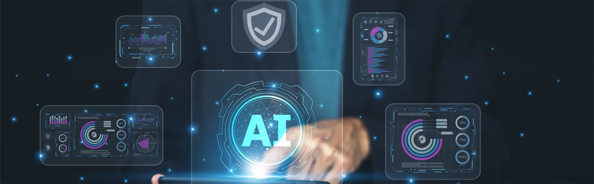 Affärsman som presenterar ett AI-drivet cybersäkerhetsgränssnitt för att skydda digitala tillgångar, upptäcka hot och säkerställa säker affärsverksamhet i en uppkopplad värld.