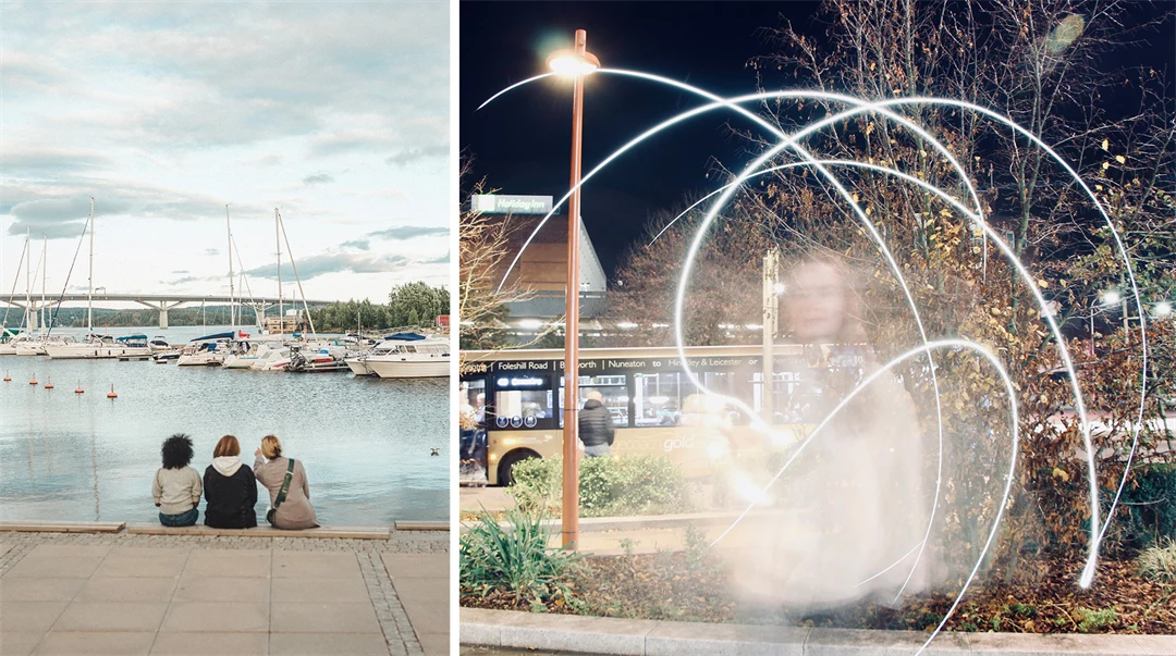 Montage med två bilder. Till vänster tre kvinnor som sitter i en hamn fotograferade bakifrån så att deras ryggar syns. Till vänster en bussstation med en buss i bakgrunden och i förgrunden syns ett vitt ljussken och en kvinna syns suddigt i bilden.