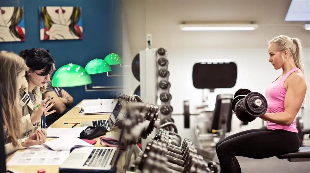 Kollage, studenter i studiesituation till höger, idrottare i gymmet till vänster