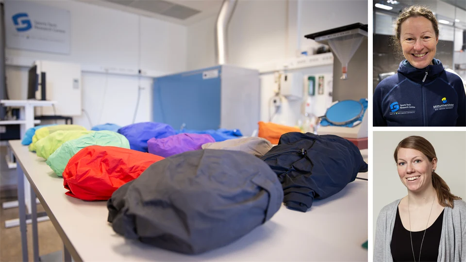 Kollage med hopvikta skaljackor på ett bord, samt två kvinnor som ler. 