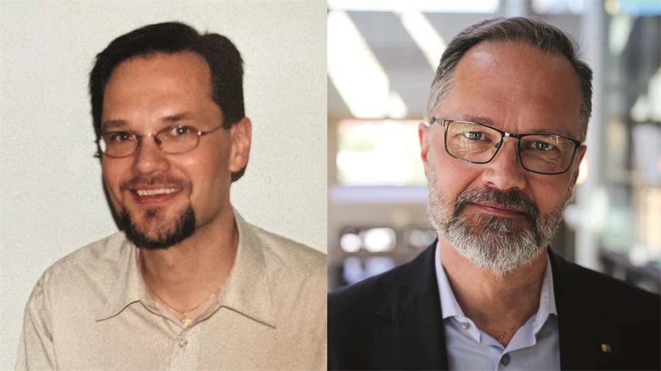 Två porträttbilder på en man, den vänstra visar honom för 20 år sedan och den högra visar honom idag.