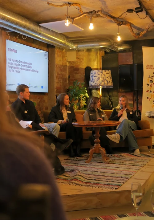 Panel med fyra alumner sitter i en soffa på scenen och pratar med varandra under Möteslänken 2026