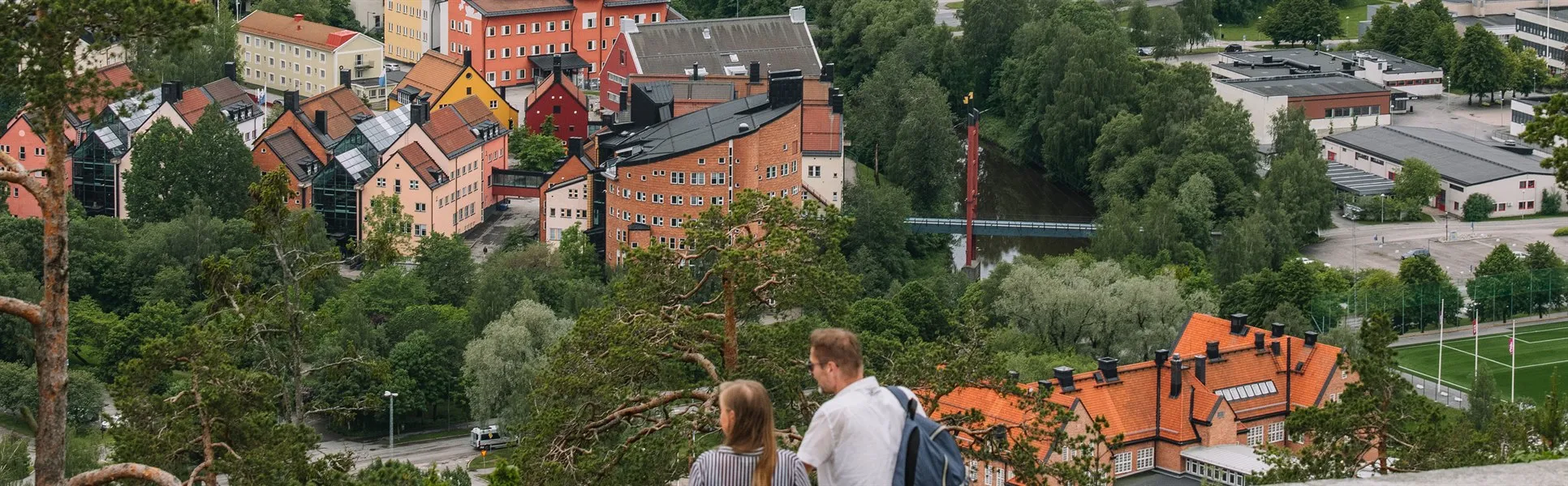 Two people looking at the view over Campus Sundsvall from the north mountain.